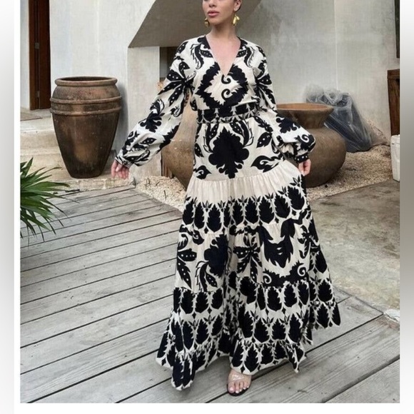 Zara Dresses & Skirts - Zara Belted Printed Dress Cotton Maxi Dress Sz M